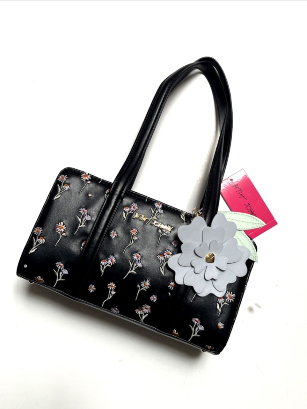 Betsey Johnson Floral Embroidered Satchel Bag Charm Black Shoulder NWT - Picture 2 of 10
